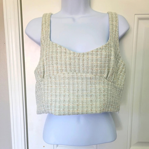 Zara Tops - NWOT Zara Green Cream Tan Tweed Textured Side Zip Cropped Tank Top L